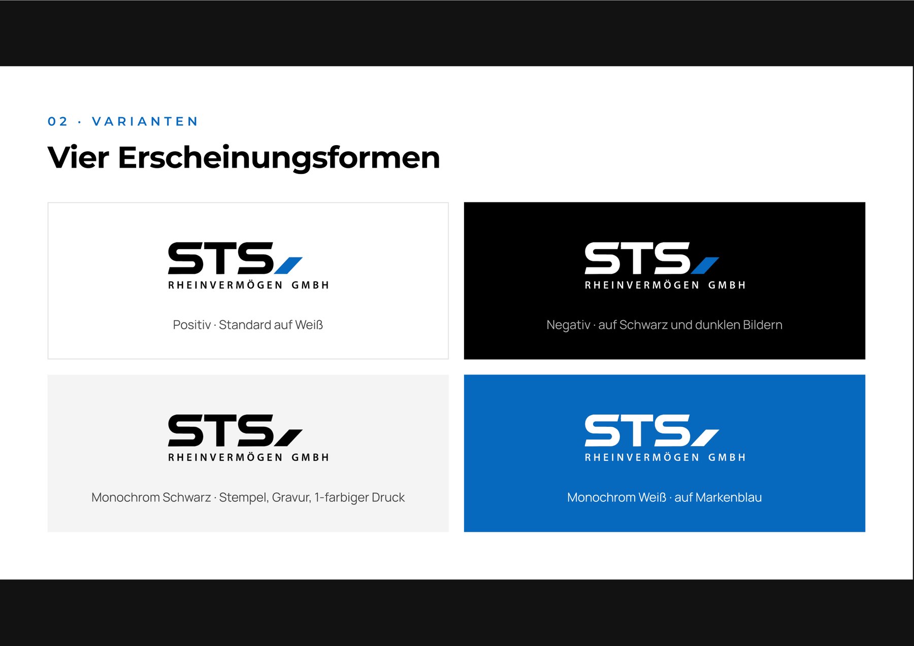 Vier Erscheinungsformen des STS-Logos auf Weiß, Schwarz, Grau und Rheinblau