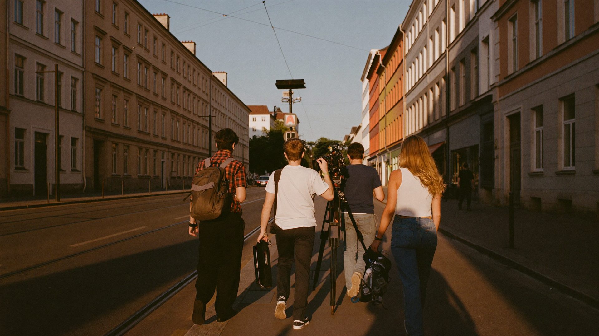 Filmcrew mit Kamerakoffern auf einer Straße in Berlin-Schöneberg